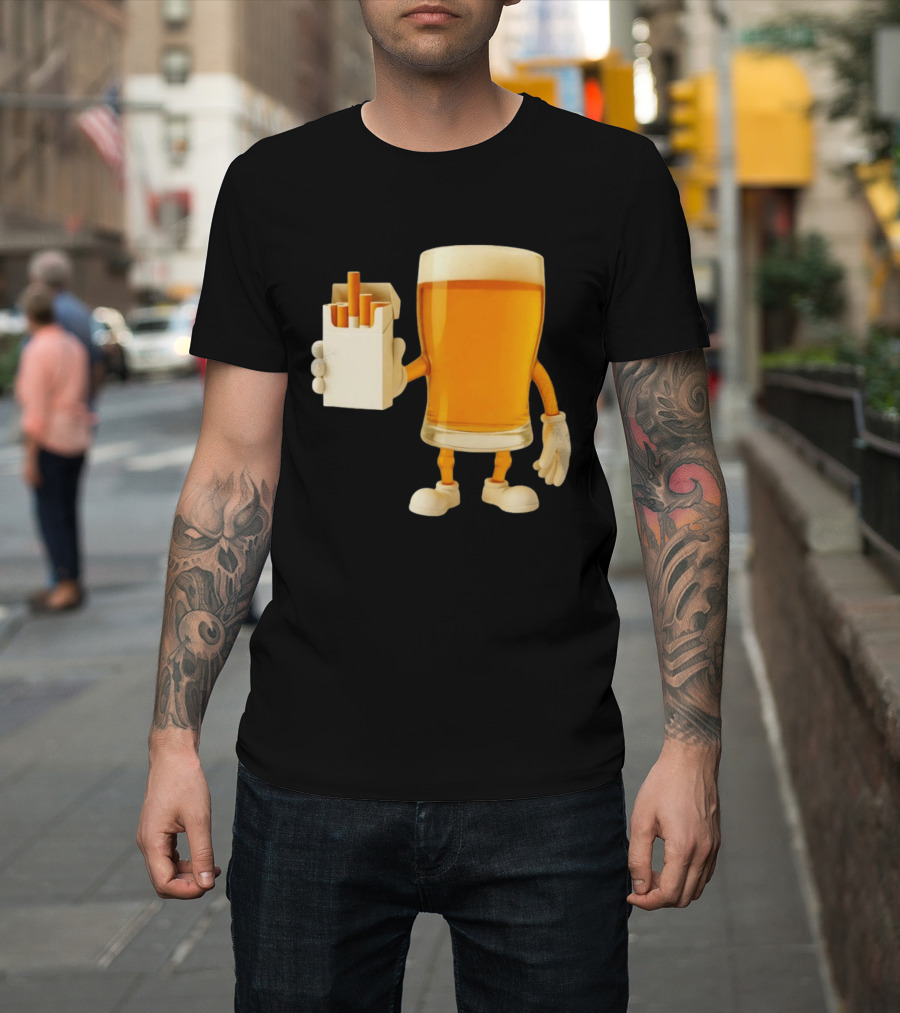 Beer Glass Holding Cigarettes Funny Drunk Cigs T-Shirt