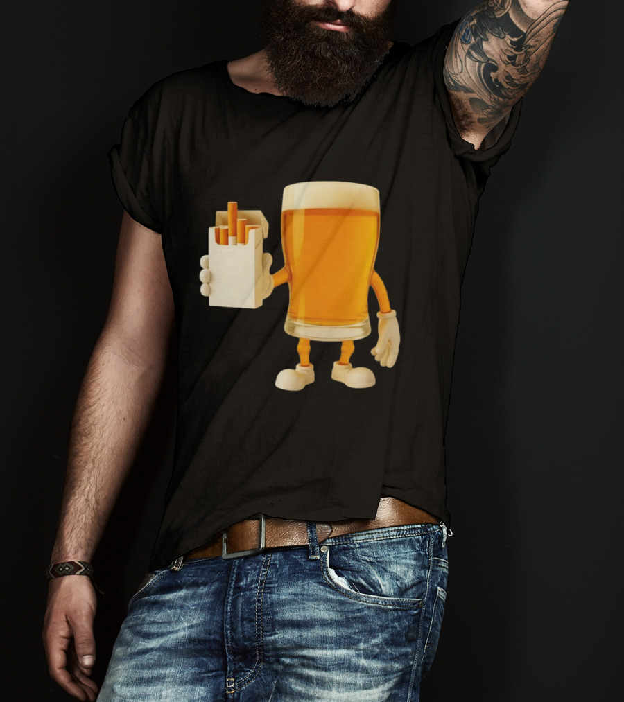 Beer Glass Holding Cigarettes Funny Drunk Cigs T-Shirt