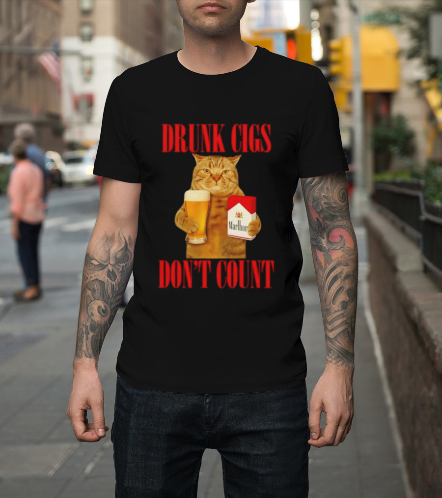 Drunk Cigs Don't Count Cat With Beer And Cigarette Pack T-Shirt