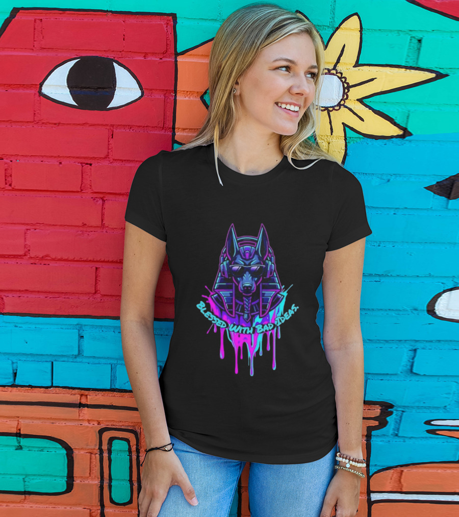 Blessed With Bad Ideas Anubis Headphones Neon Egyptian Mythology T-Shirt