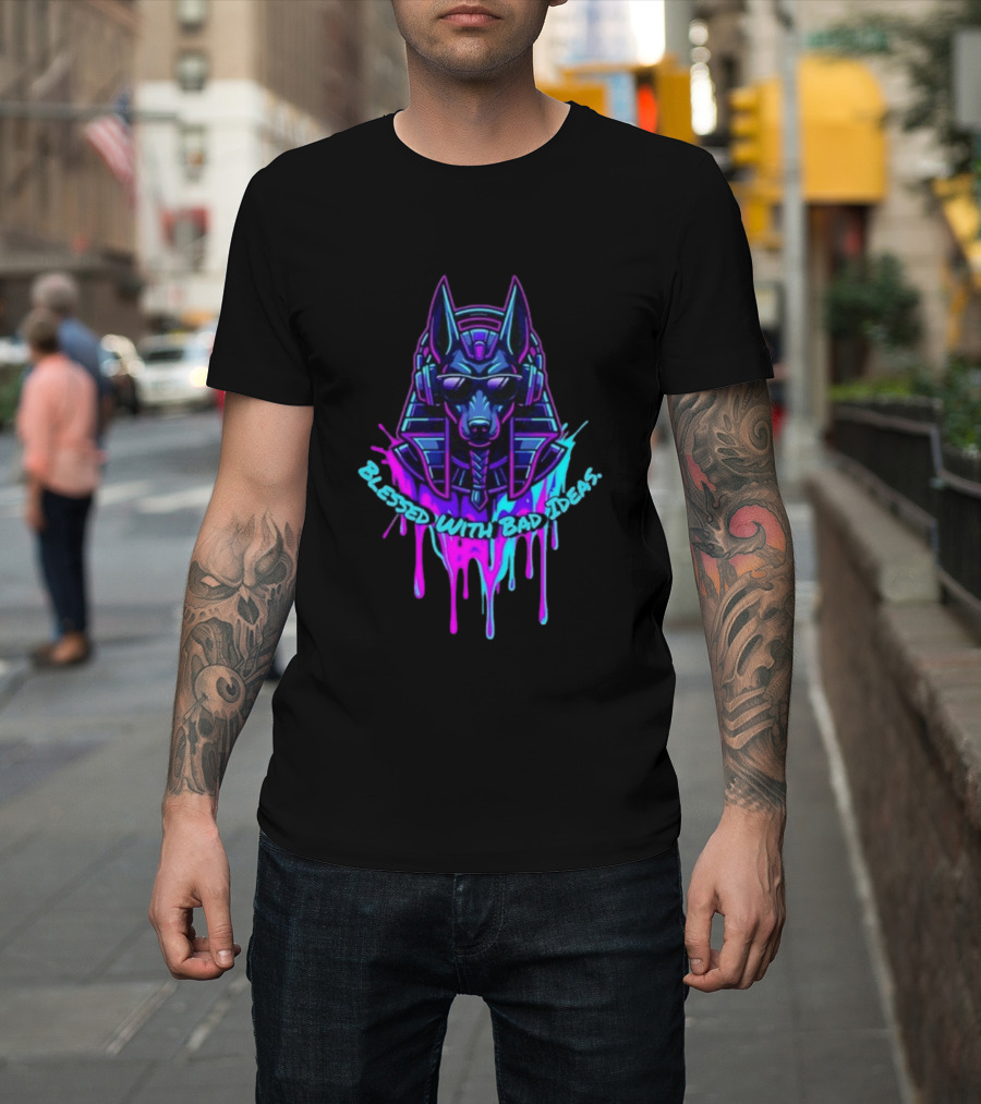 Blessed With Bad Ideas Anubis Headphones Neon Egyptian Mythology T-Shirt
