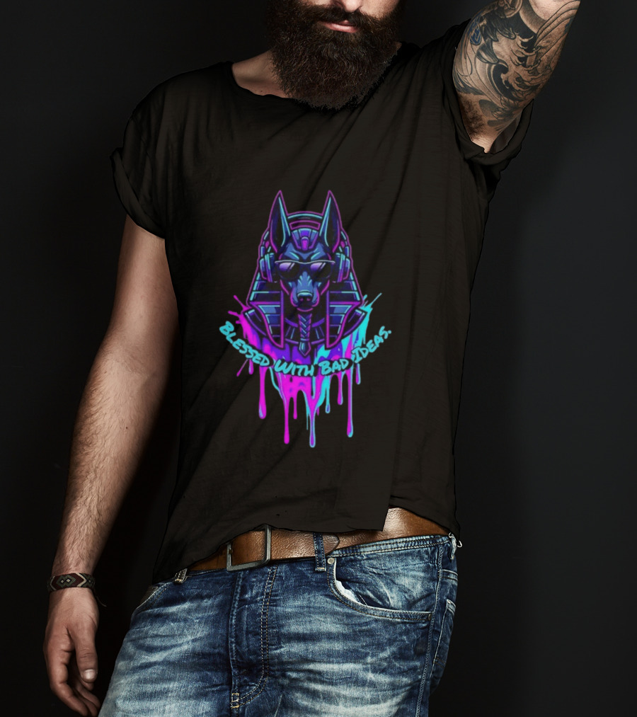 Blessed With Bad Ideas Anubis Headphones Neon Egyptian Mythology T-Shirt