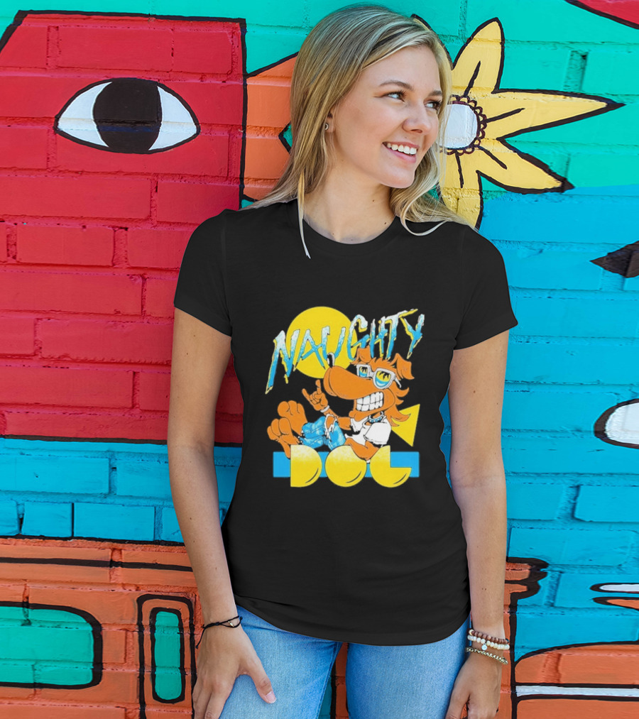Naughty Dog Retro Cartoon Character With Sunglasses And Sunburst T-Shirt