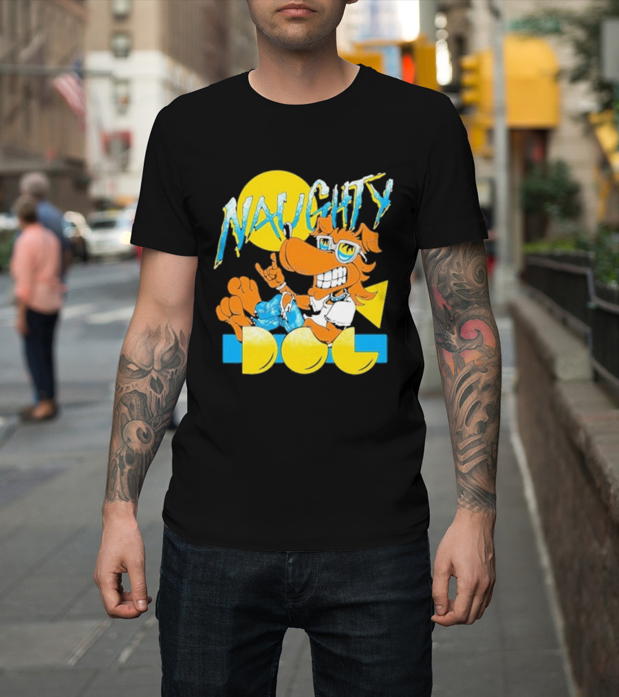 Naughty Dog Retro Cartoon Character With Sunglasses And Sunburst T-Shirt