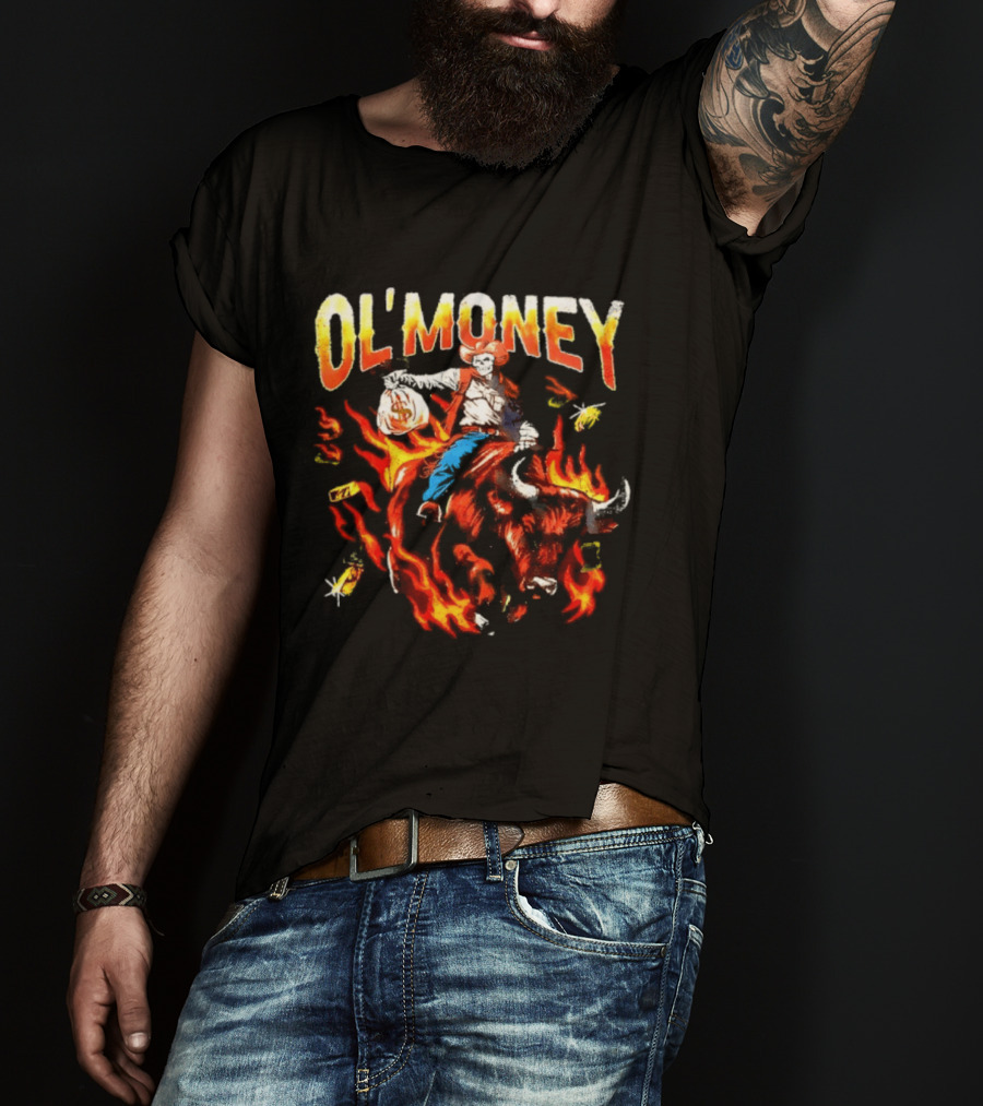 Ol' Money RSN Brand Skeleton Cowboy Riding Flaming Bull T-Shirt
