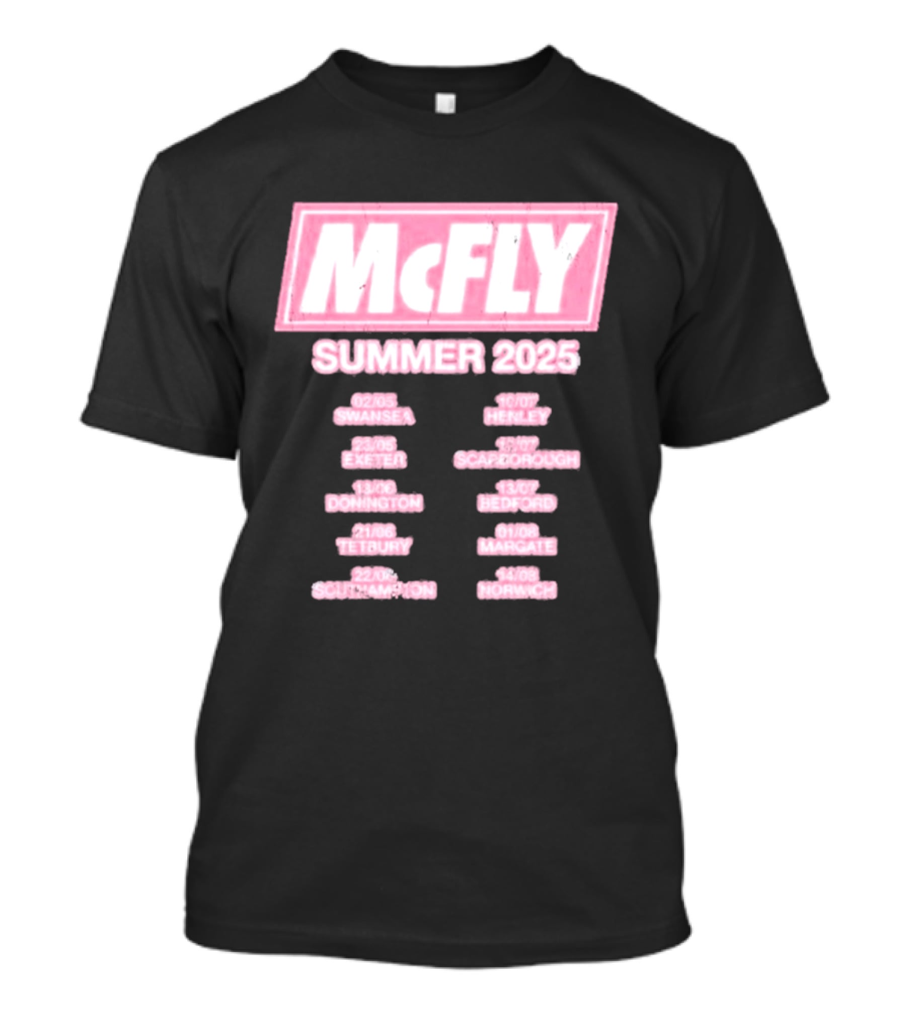 McFly Summer 2025 Tour Dates Swansea Exeter Donington Tetbury Southampton Henley Scarborough Bedford Margate Norwich T-Shirt
