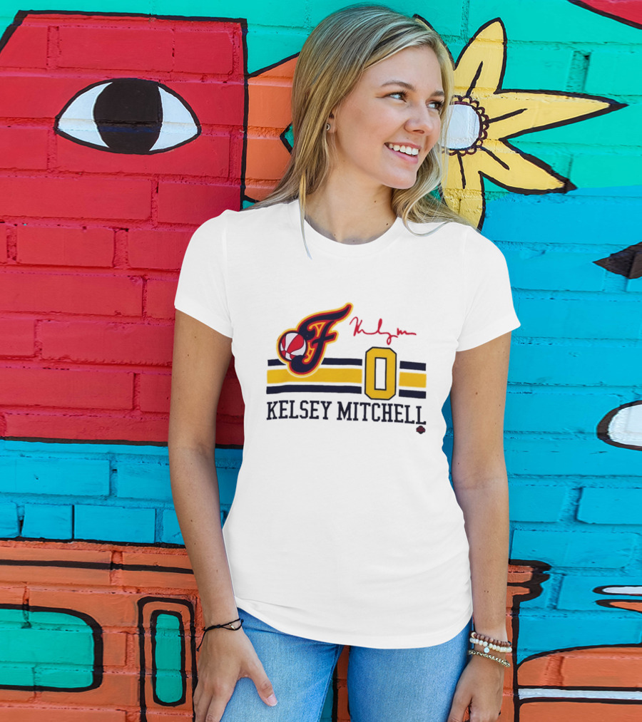 Kelsey Mitchell Indiana Fever No. 0 F Logo And Signature T-Shirt