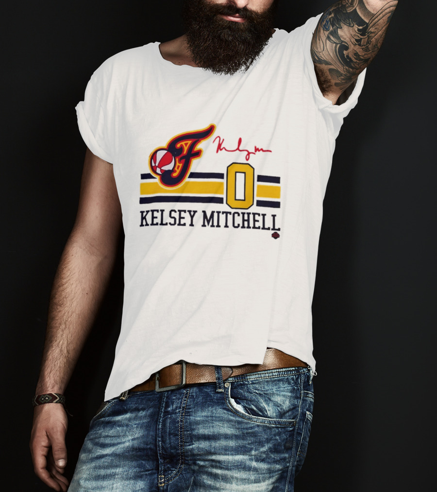 Kelsey Mitchell Indiana Fever No. 0 F Logo And Signature T-Shirt