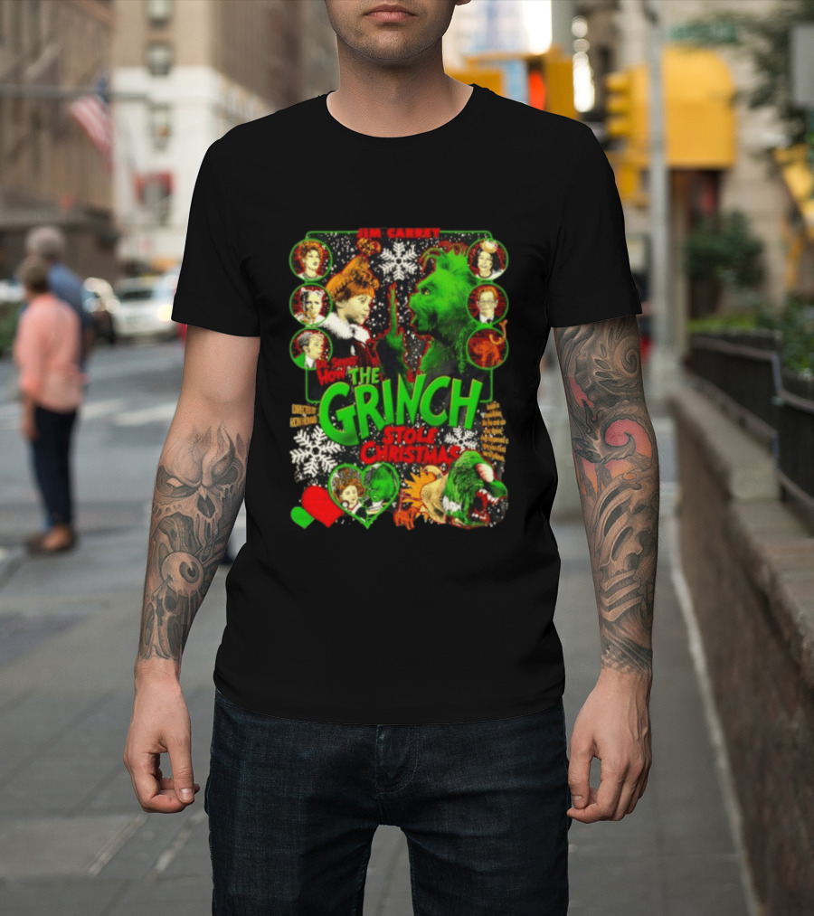 Jim Carrey Dr Seuss How The Grinch Stole Christmas Movie With Characters And Snowflakes T-Shirt