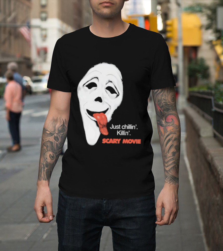 Just Chillin' Killin' Scary Movie Ghostface Mask With Red Tongue T-Shirt