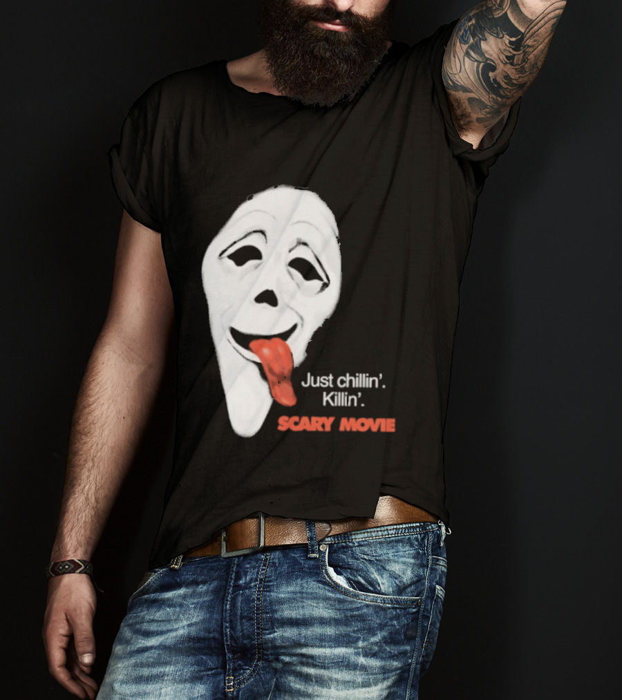 Just Chillin' Killin' Scary Movie Ghostface Mask With Red Tongue T-Shirt