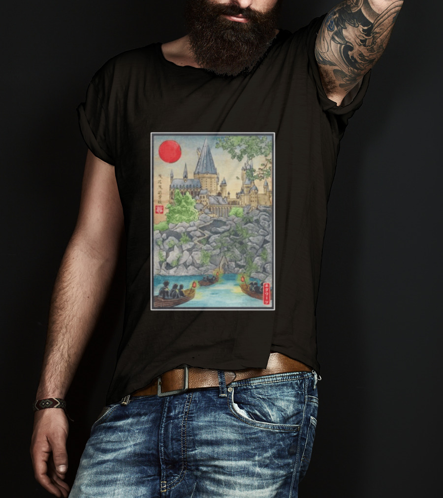 Hogwarts School Of Witchcraft And Wizardry Japanese Ukiyo E Style Castle With Boats And Red Sun T-Shirt
