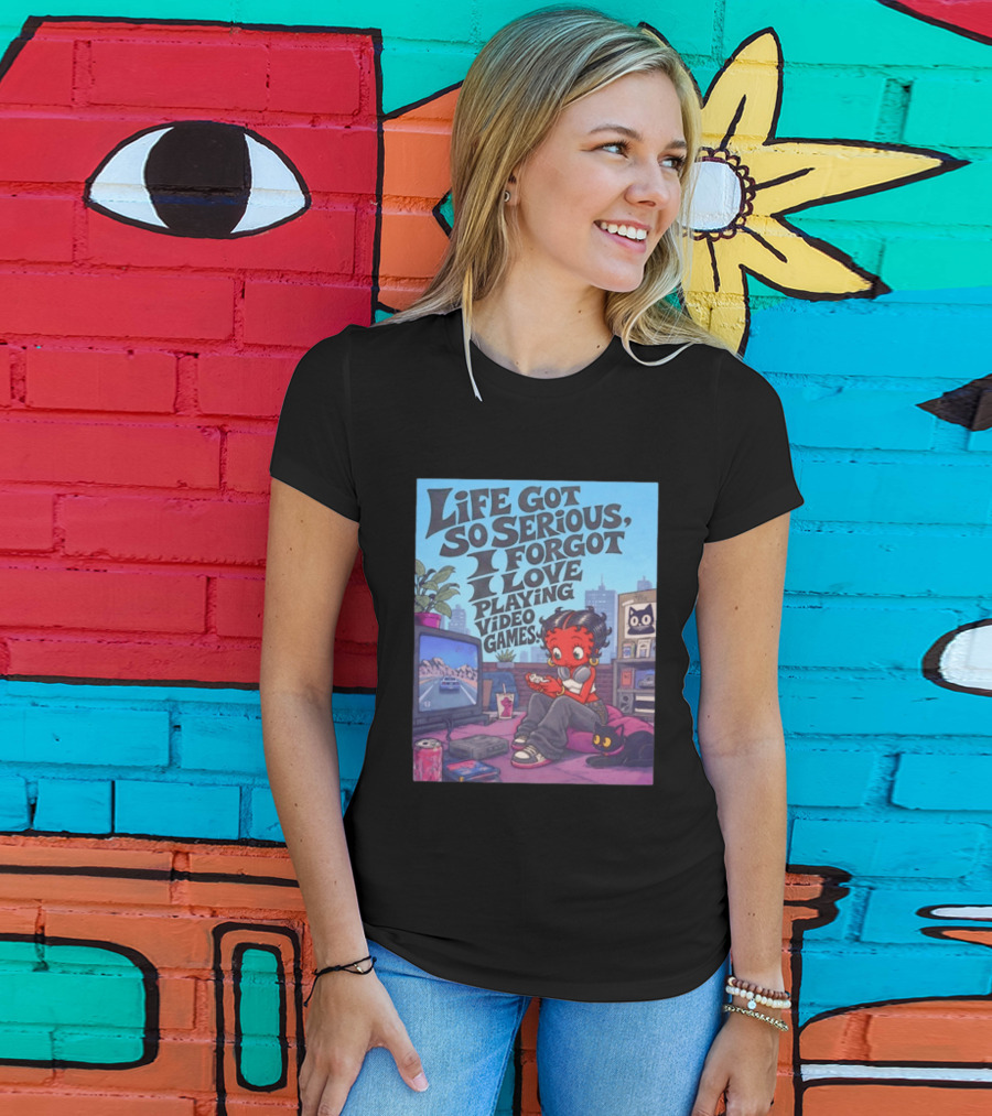 Life Got So Serious I Forgot I Love Playing Video Games City Room Scene Retro Character And Cat T-Shirt