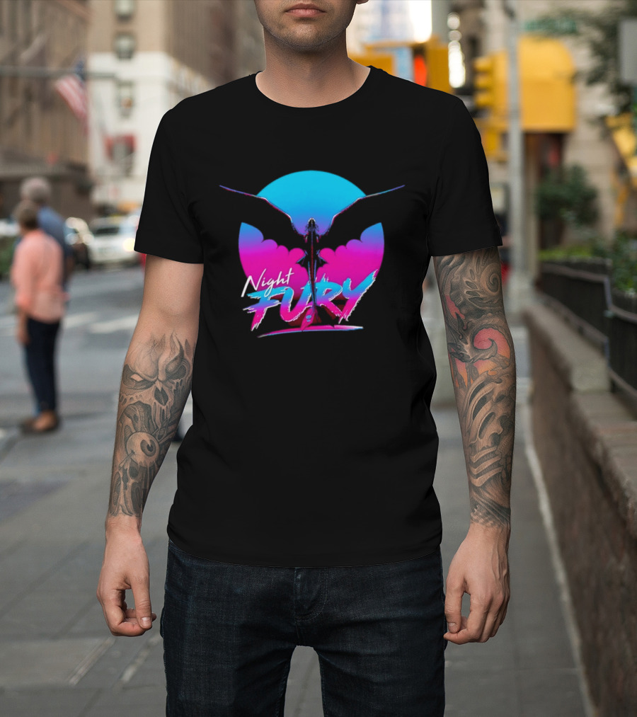 Night Fury Dragon Silhouette Neon Blue And Pink T-Shirt