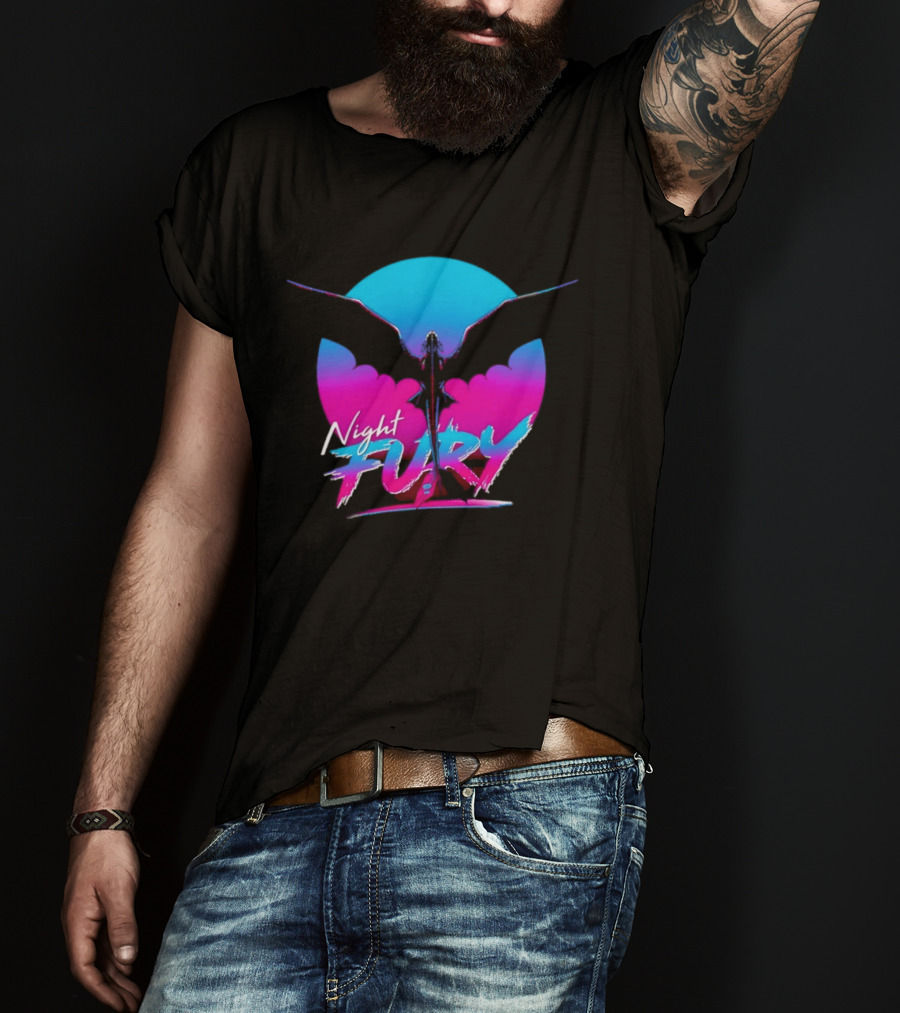 Night Fury Dragon Silhouette Neon Blue And Pink T-Shirt