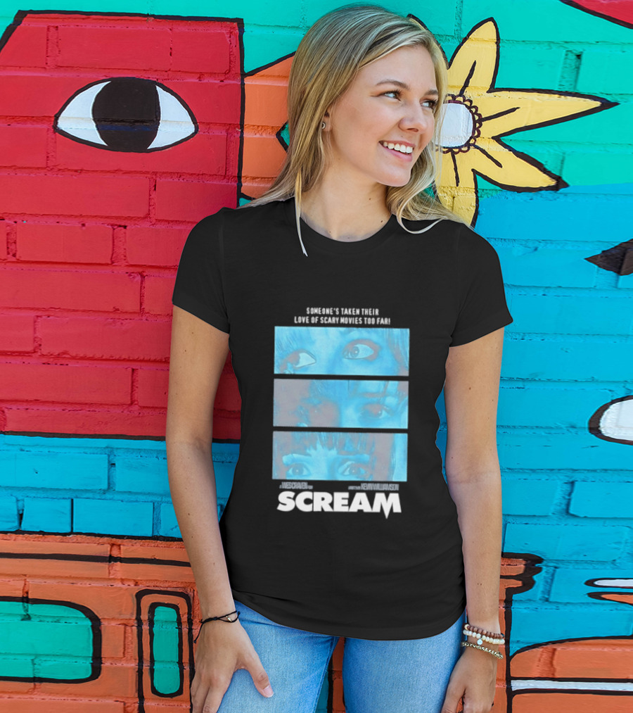 Someone's Taken Their Love Of Scary Movies Too Far Scream Eyes Dramatic Blue Panels T-Shirt