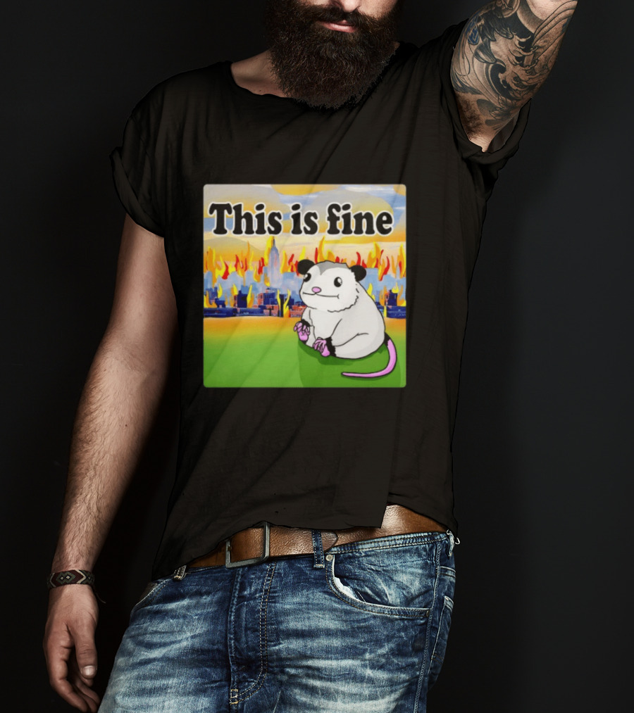 This Is Fine Opossum New York City NYC Urban Skyline Flames T-Shirt
