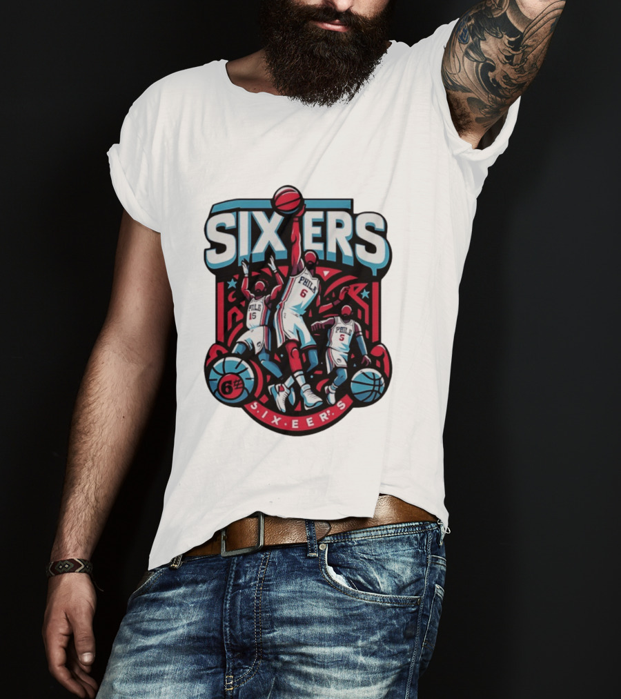 Philadelphia Sixers 2026 NBA Collage Featuring Number 6 Phila Basketball Player T-Shirt