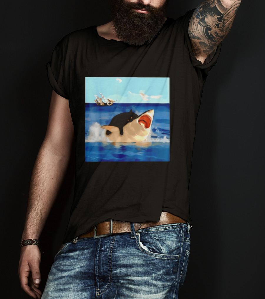 Black Cat Riding Great White Shark With Ocean And Sailing Ship T-Shirt