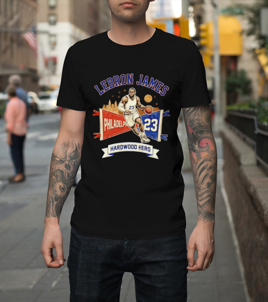 LeBron James 23 Philadelphia Basketball Skyline Hardwood Hero T-Shirt