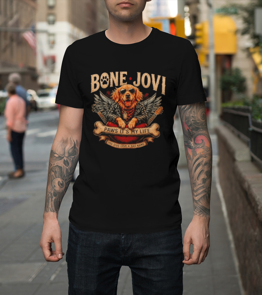 Bone Jovi Paws It's My Life You Give Love A Bad Name Golden Retriever Wings Guitar T-Shirt