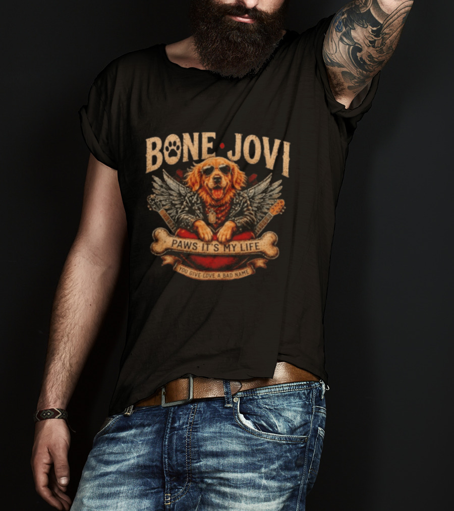 Bone Jovi Paws It's My Life You Give Love A Bad Name Golden Retriever Wings Guitar T-Shirt