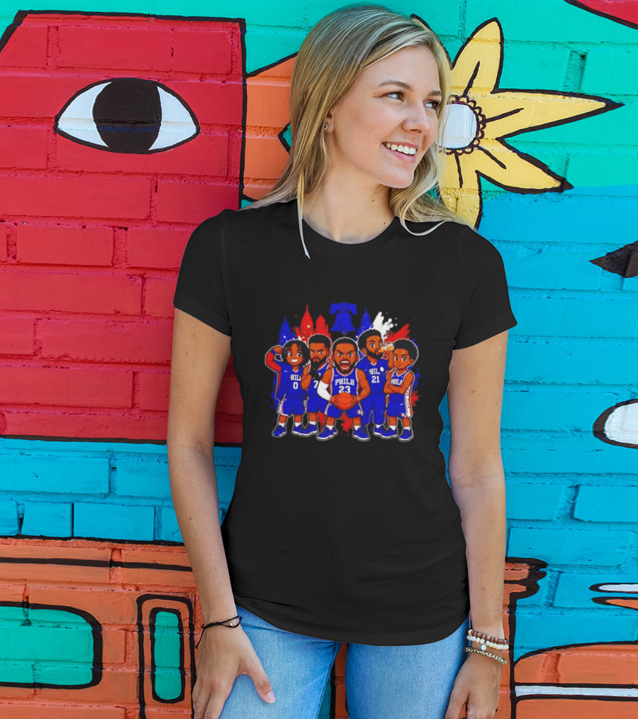 Philadelphia 76ers Cartoon Players With Liberty Bell Skyline T-Shirt