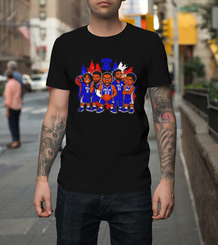 Philadelphia 76ers Cartoon Players With Liberty Bell Skyline T-Shirt