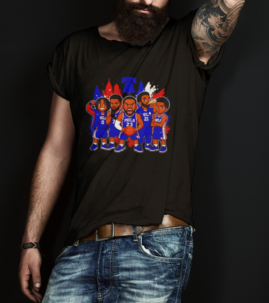 Philadelphia 76ers Cartoon Players With Liberty Bell Skyline T-Shirt