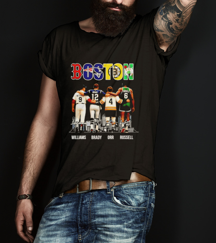 Boston Red Sox Patriots Bruins Celtics Williams Brady Orr Russell T-Shirt