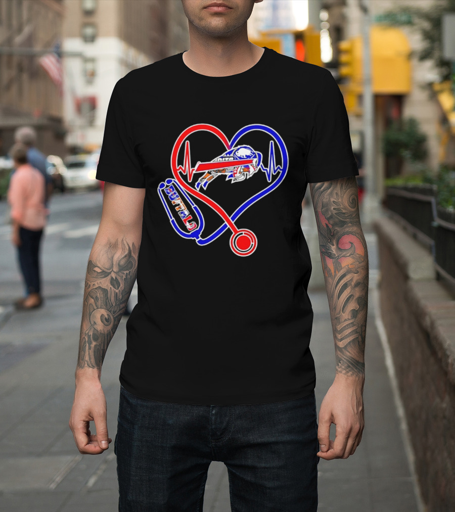 Buffalo Bills Sabres Heartbeat Stethoscope Red White Blue T-Shirt