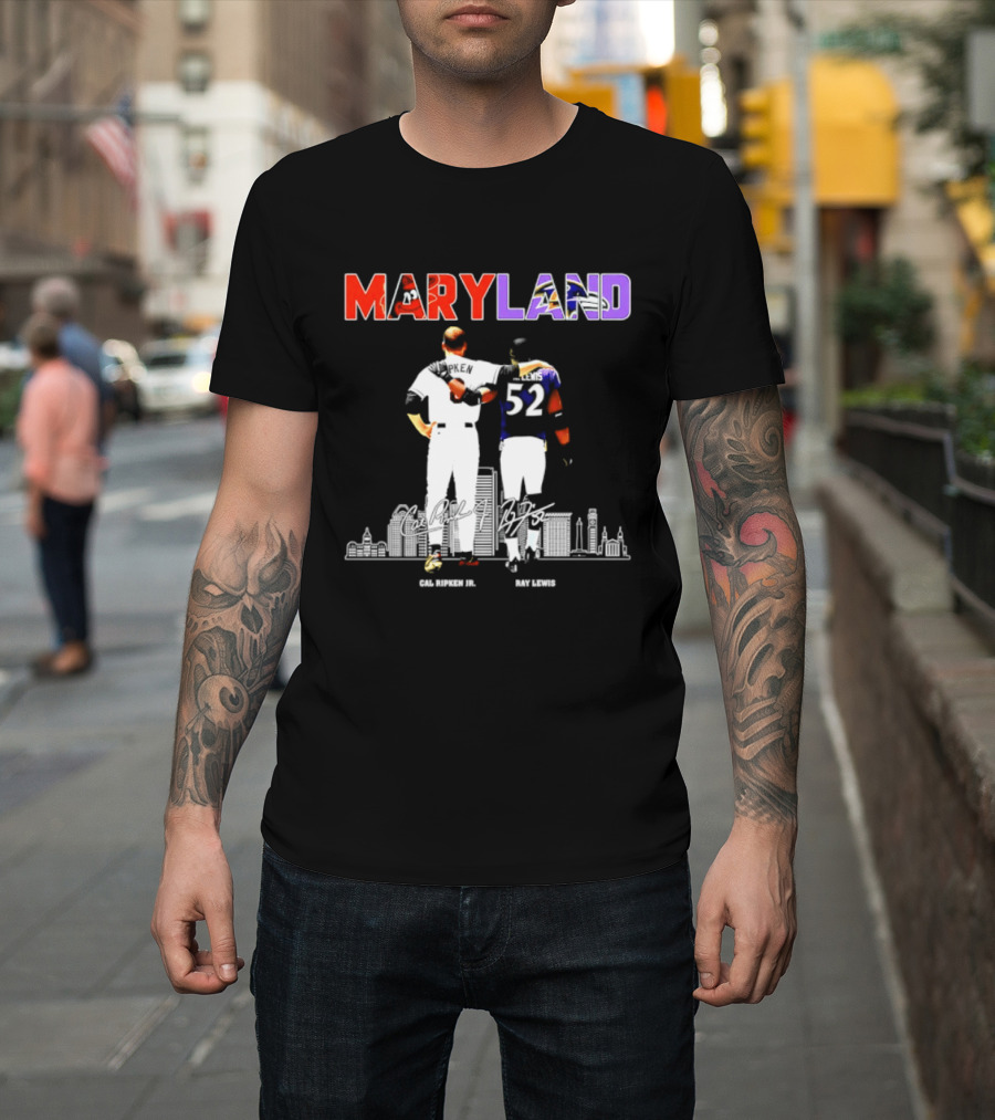 Maryland Cal Ripken Jr 8 Baltimore Orioles Ray Lewis 52 Baltimore Ravens Skyline T-Shirt