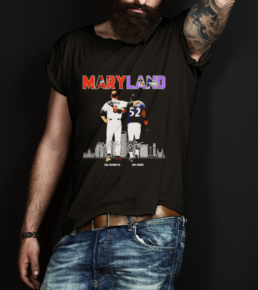 Maryland Cal Ripken Jr 8 Baltimore Orioles Ray Lewis 52 Baltimore Ravens Skyline T-Shirt