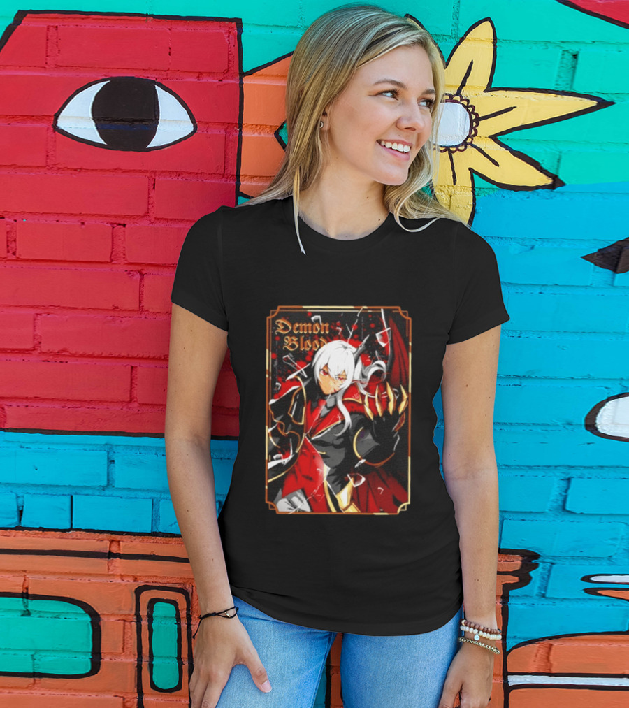 Demon Blood Anime Fantasy Dark Character Design With White Hair And Red Accents T-Shirt