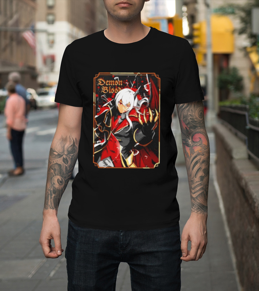 Demon Blood Anime Fantasy Dark Character Design With White Hair And Red Accents T-Shirt