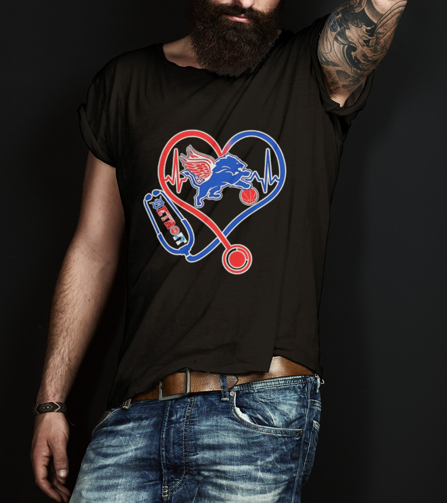 Detroit Heartbeat Stethoscope Lion Playing Basketball T-Shirt