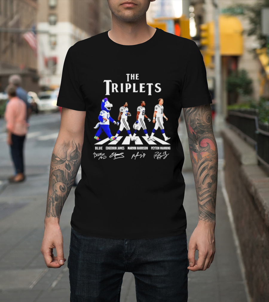The Triplets Blue Edgerrin James Marvin Harrison Peyton Manning Indianapolis Colts Abbey Road Signatures T-Shirt