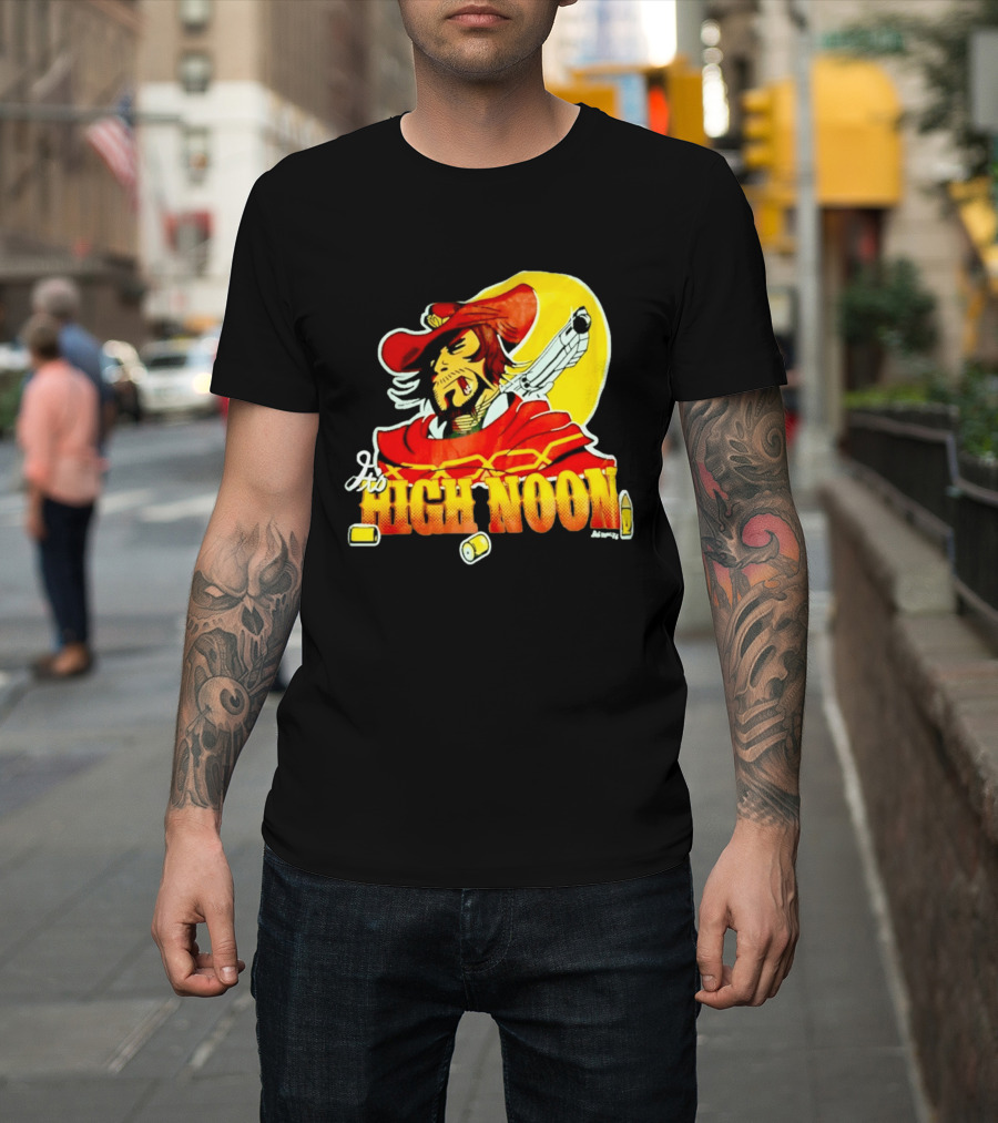 It's High Noon Cowboy With Red Cape And Pistol In Front Of Yellow Sun T-Shirt
