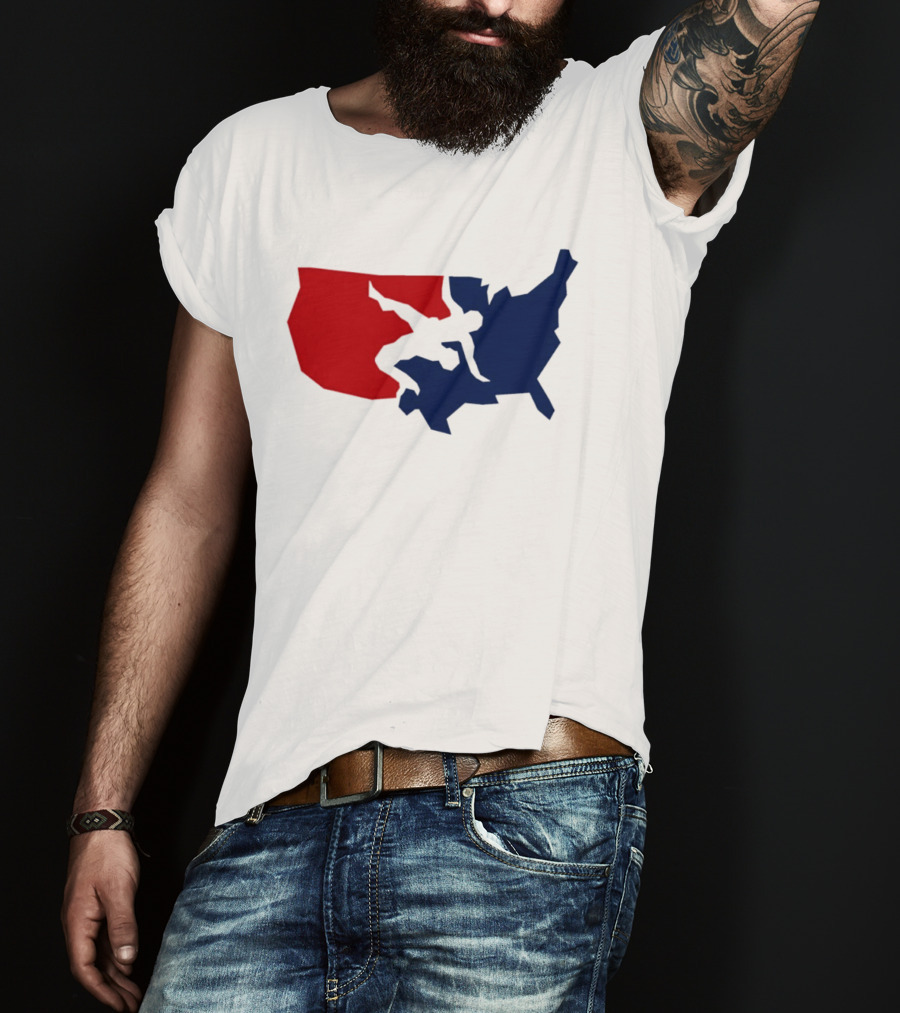 USA Wrestling Map Silhouette Red Blue T-Shirt