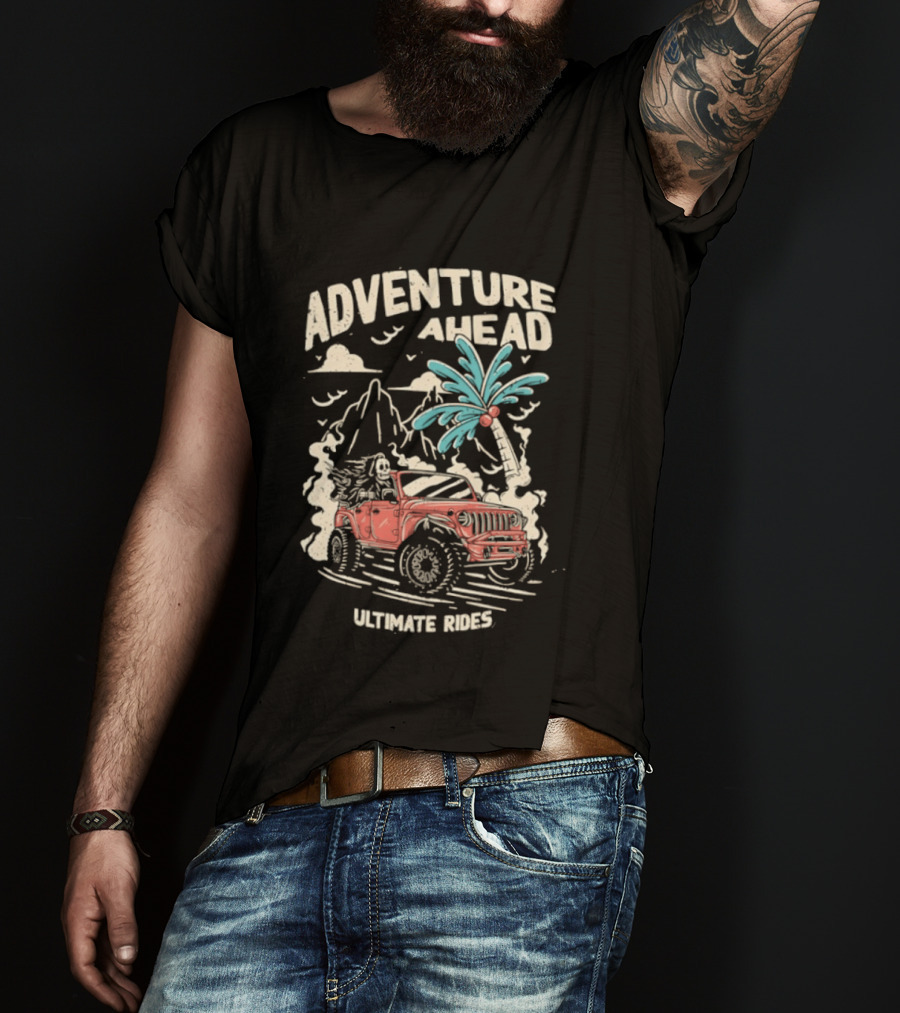 Adventure Ahead Ultimate Rides Jeep Beach Palm Trees Mountain T-Shirt
