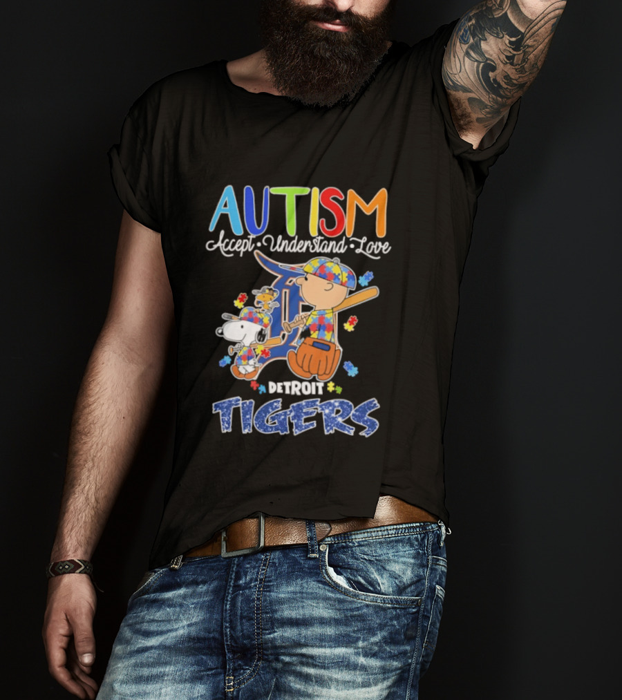 Autism Accept Understand Love Snoopy Charlie Brown Detroit Tigers T-Shirt