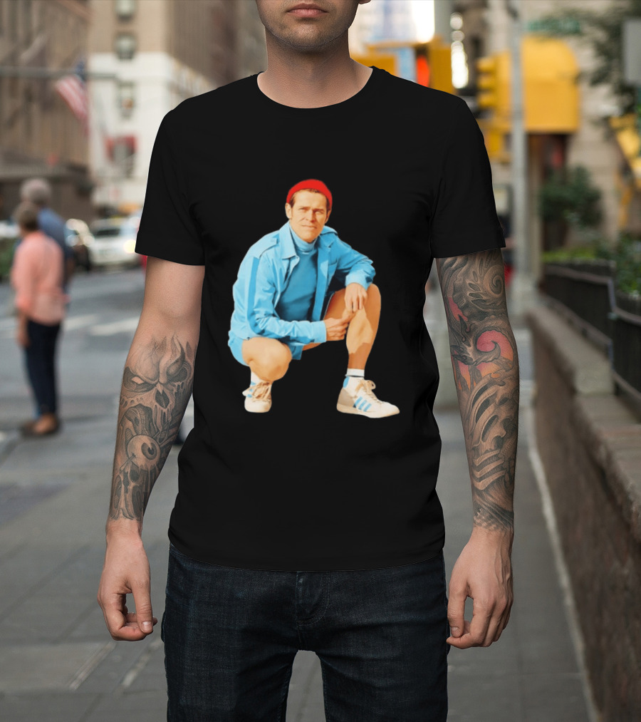 Klaus Willem Dafoe Retro Style With Red Beanie And Blue Tracksuit T-Shirt