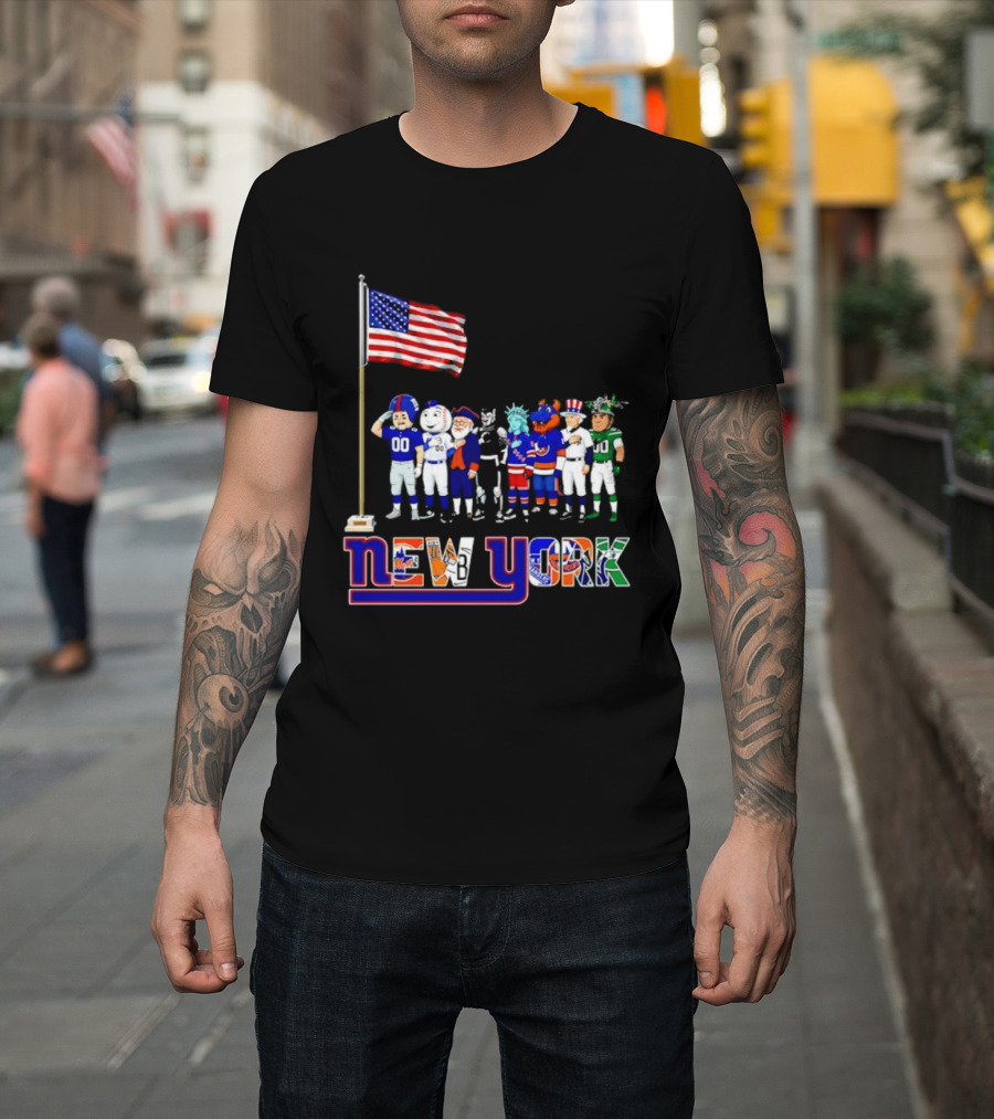 New York Sports Teams Mascots American Flag Giants Yankees Mets Rangers Knicks Jets T-Shirt