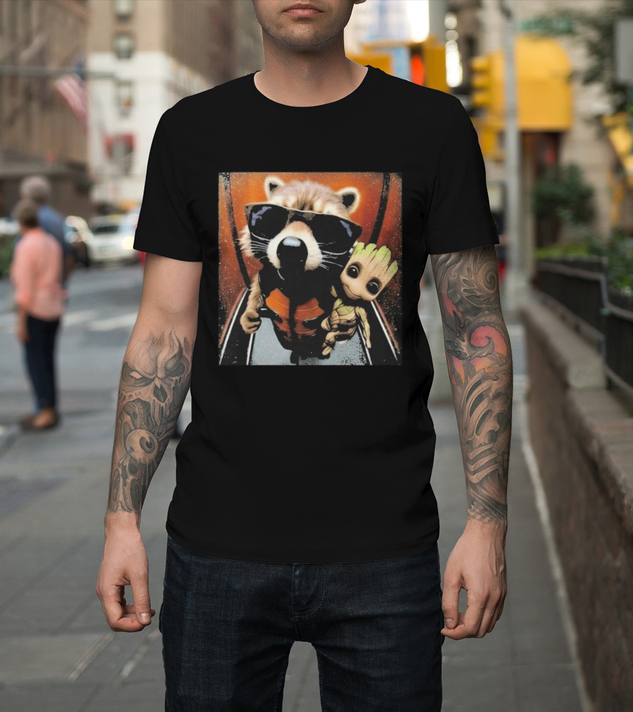 John Bates Raccoon And Baby Tree Alien With Sunglasses And Orange Suit T-Shirt