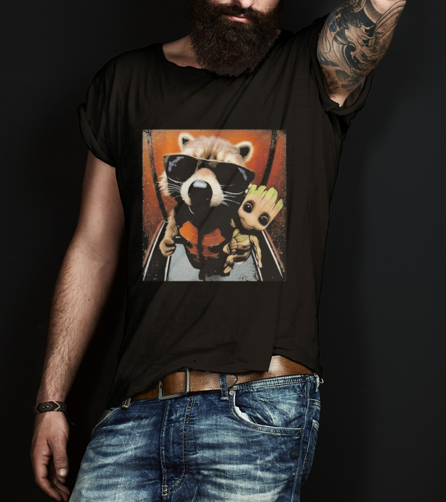 John Bates Raccoon And Baby Tree Alien With Sunglasses And Orange Suit T-Shirt