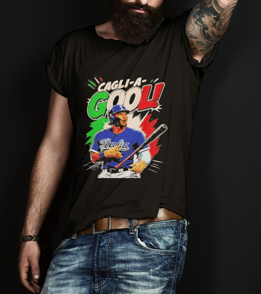 Cagli A Gool Italia Baseball Player Hitter With Italian Flag T-Shirt