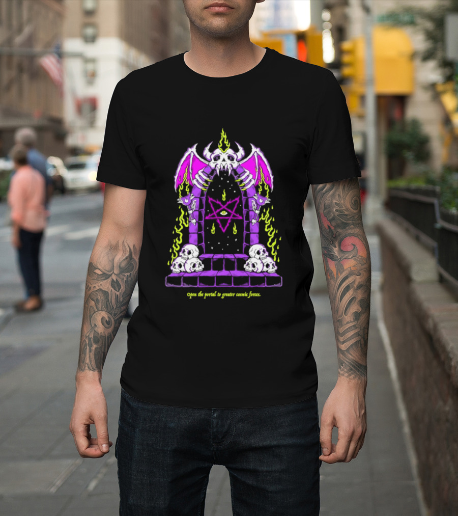 Open The Portal To Greater Cosmic Forces Pentagram Skull With Bat Wings And All Seeing Eye T-Shirt