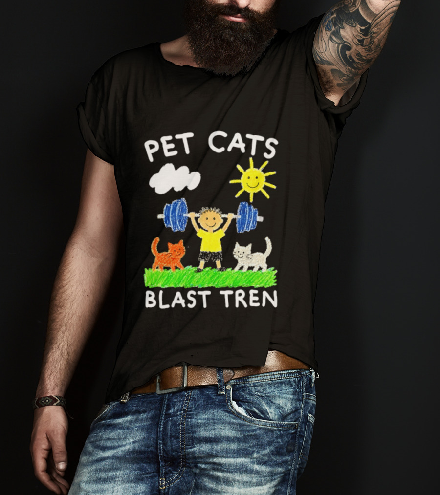 Pet Cats Blast Tren Bodybuilding Gym Child With Weights Sun And Clouds T-Shirt