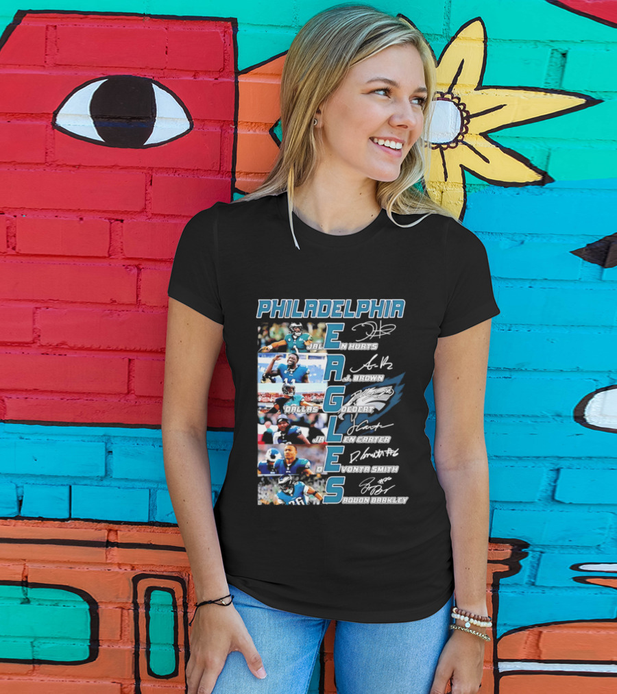 Philadelphia Eagles Jalen Hurts AJ Brown Dallas Goedert Jalen Carter DeVonta Smith Saquon Barkley Signatures Team T-Shirt