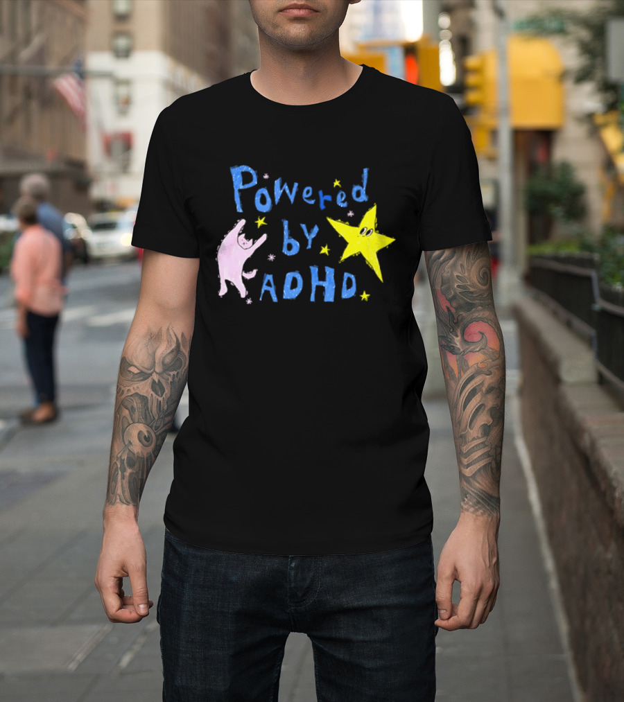 Powered By ADHD Neurodivergent Star And Cat With Yellow Stars T-Shirt